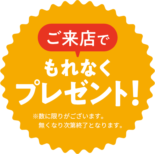 ご来店でもれなくプレゼント！※数に限りがございます。無くなり次第終了となります。
